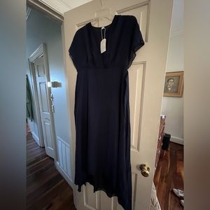 Satin Puff Shoulder Tea Length navy dress